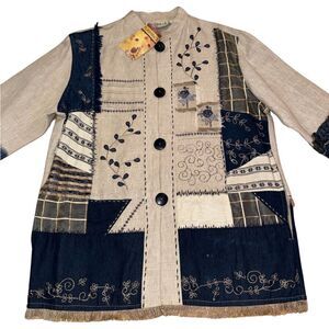 Flashback Vintage Women's Linen Patchwork Embroidered Coat/ Jacket- Size Medium